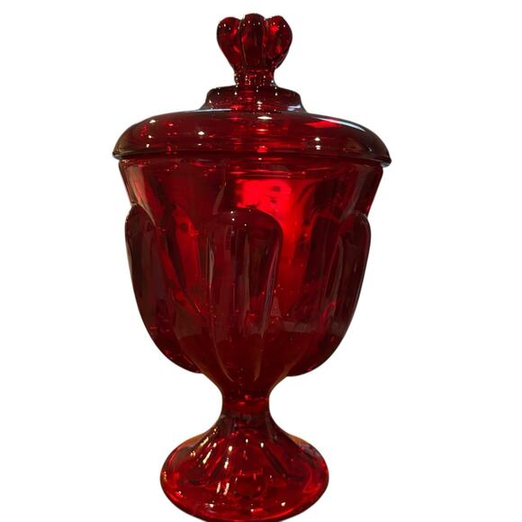 Vintage Viking Glass Ruby Red Epic 6 Petal Compote Candy Dish With Lid & Sticker - Picture 6 of 10